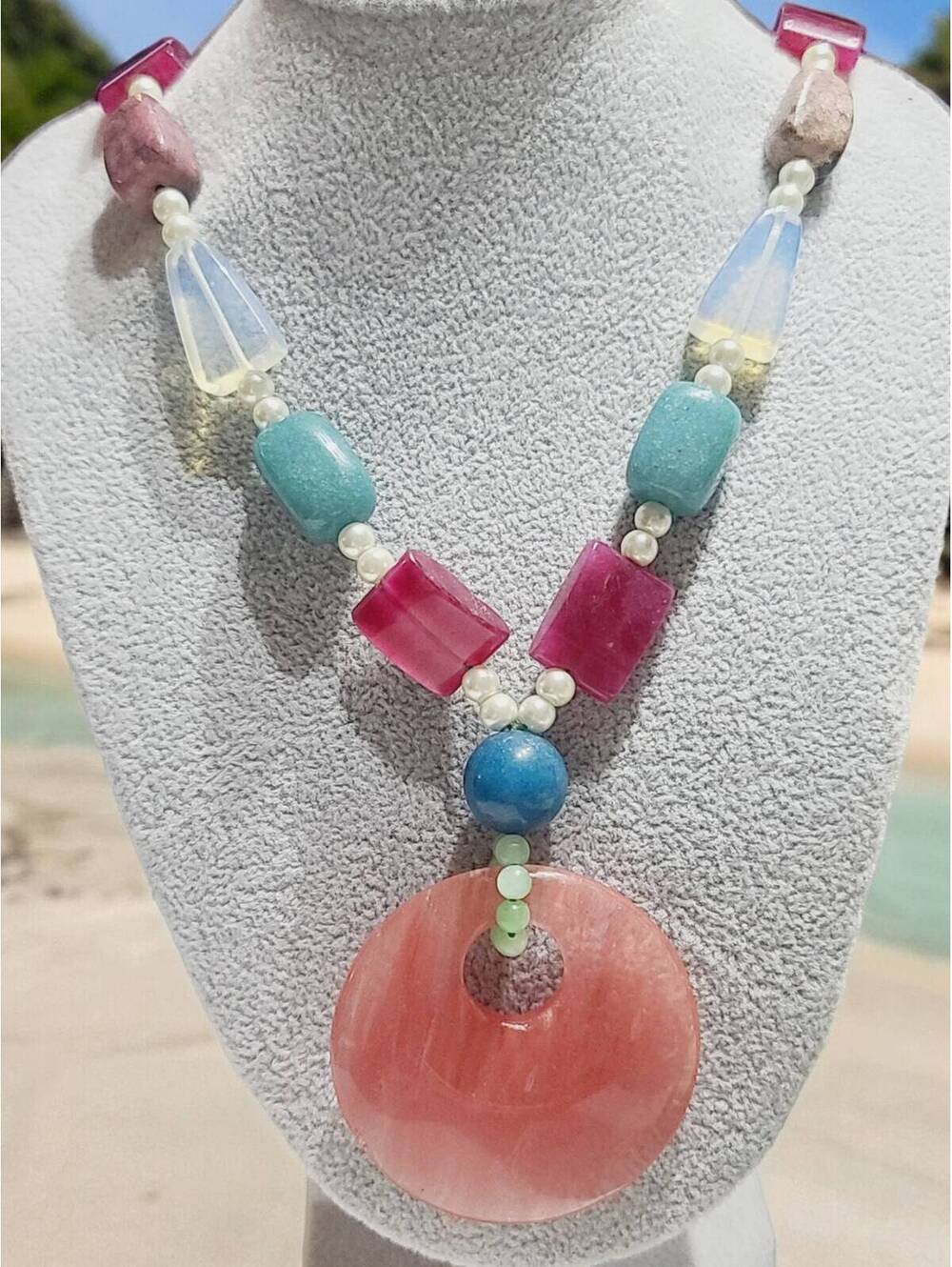 Colors of Summer-Simulated Cherry Quartz Pendant Beaded Necklace